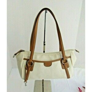 Fossil Key Shoulder Bag Tan Canvas Purse Brown Leather Trim Key Charm